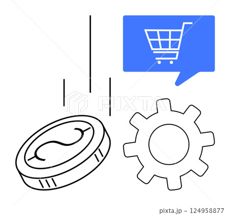 Coin dropping next to gear and blue speech bubble with shopping cart symbol. Ideal for e-commerce, online shopping, digital payment, retail management, financial technology, business operations 124958877