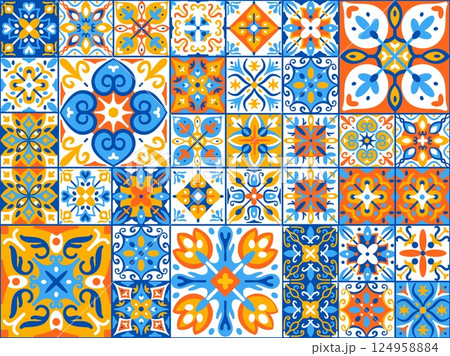Azulejos tiles patterns. Portuguese ceramic tile seamless ornament. Traditional mediterranean style texture for interior decor. Spanish abstract geometric, floral vector background 124958884