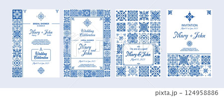Azulejos invitation. Mediterranean tiles cards. Portuguese decorative texture elements for wedding invitations. Spanish blue and white party design template. Vacation vibe vector set 124958886