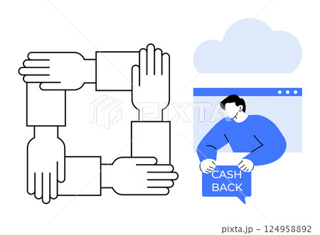 Shows four interlocking hands symbolizing teamwork, and a person holding a cashback sign under a cloud and a webpage. Ideal for themes of collaboration, online shopping, cashback offers, digital Shows four interlocking hands symbolizing teamwork, and a person holding a cashback sign under a cloud and a webpage. Ideal for themes of collaboration, online shopping, cashback offers, digital 124958892