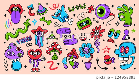 Psychedelic stickers. Abstract cartoon surreal characters and elements. Funky emoji, hallucination mushrooms, weird eyes and hands, heart, flowers. Groovy vector collection 124958893