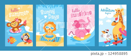 Summer holiday animals card. Cute vacation poster with animal and bird. Funny monkey eating ice cream, giraffe with seagull on skateboard, lion on rug. Season posters. Vector set 124958895
