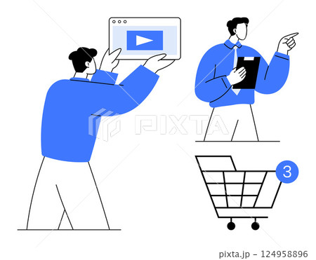 Man holding tablet with video, another holding clipboard and pointing. Shopping cart with notification. Ideal for e-commerce, digital marketing, online shopping, business presentations, management 124958896