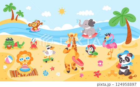 Funny animals on beach. Cute animal character on summer holiday near sea. Mammal and bird relaxing, swimming, sunbathing. Season vacation banner. Vector fauna poster 124958897