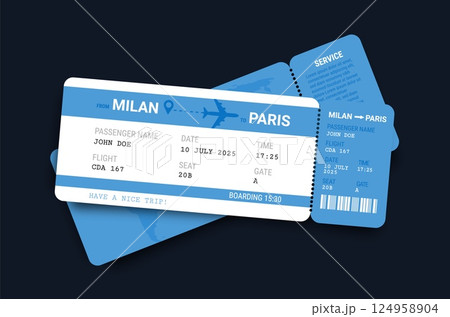 Airline tickets. Two boarding passes. Plane ticket template. Blue design boarding document with passenger and flight information blank. Trip, travel, journey pass. Vector concept Airline tickets. Two boarding passes. Plane ticket template. Blue design boarding document with passenger and flight information blank. Trip, travel, journey pass. Vector concept 124958904
