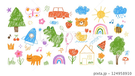 Kids drawing. Doodle simple child illustration. Hand drawn children pencil elements. Sketch chalk flower, sun, cloud, rainbow, animals. Naive crayon print. Vector set Kids drawing. Doodle simple child illustration. Hand drawn children pencil elements. Sketch chalk flower, sun, cloud, rainbow, animals. Naive crayon print. Vector set 124958910