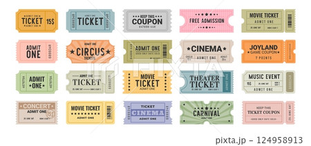 Vintage tickets. Retro admission pass. Admit One label for theater, circus, cinema, movie, concert music. Antique rectangular, rounded, perforated event ticket coupon. Vector set Vintage tickets. Retro admission pass. Admit One label for theater, circus, cinema, movie, concert music. Antique rectangular, rounded, perforated event ticket coupon. Vector set 124958913
