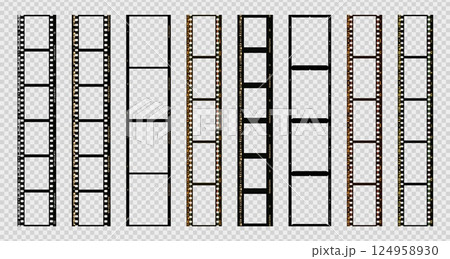 Photo strip frame. Camera roll frames in different styles. Vintage movie filmstrip. Overlay long film border. Photo booth for social media, lifestyle video. Vector set 124958930