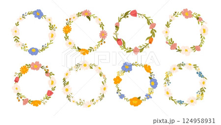 Flower wreath. Circle floral frame. Decorative botanical round circles with various flowers, leaves, branches. Spring botanical elements. Rose, daisy, peonies blooms. Vector set 124958931