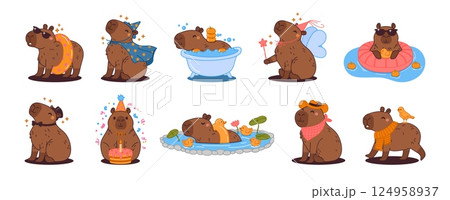 Capybara. Cartoon cute capybaras. Funny exotic animal characters. Doodle rodent in clothes celebrate, walk, relax, swim. Flat kid nice animals. Vector set on white background Capybara. Cartoon cute capybaras. Funny exotic animal characters. Doodle rodent in clothes celebrate, walk, relax, swim. Flat kid nice animals. Vector set on white background 124958937