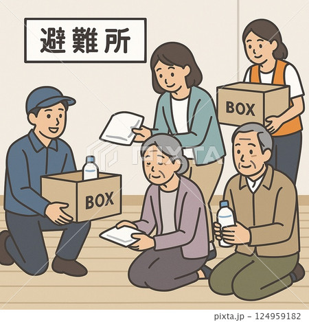 避難所で支援物資を受け取る高齢者とボランティアのイラスト 避難所で支援物資を受け取る高齢者とボランティアのイラスト 124959182