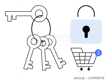 Keys on a keyring beside a padlock and shopping cart with a notification. Ideal for concepts on security, online shopping, e-commerce safety, data privacy, user authentication, and digital Keys on a keyring beside a padlock and shopping cart with a notification. Ideal for concepts on security, online shopping, e-commerce safety, data privacy, user authentication, and digital 124959438
