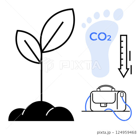 Seedling growing from soil, carbon footprint symbol with CO2 label, and briefcase with downward arrow symbolizing reduction. Ideal for sustainability, environmental awareness, climate action 124959468