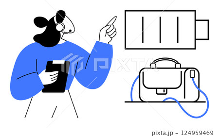 Businesswoman with headset holding clipboard and pointing at battery icon, briefcase on desk. Ideal for business, presentations, technology, office equipment, work-life balance, modern workspaces 124959469