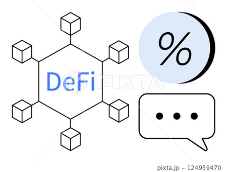 Hexagonal blockchain node structure with DeFi label, a blue percentage sign, and a speech bubble with ellipsis. Ideal for finance, technology, cryptocurrency, investment, blockchain, communication 124959470