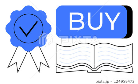 Blue verified badge with check mark, BUY button, and open book. Ideal for shopping platforms, online education, certification, e-commerce, digital marketing, content creation, quality assurance. Line 124959472