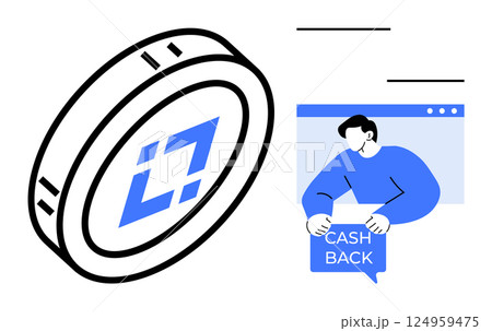 Coin with a tech symbol and a user holding a Cash Back sign on a web page. Ideal for digital finance, cash back rewards, ecommerce, online shopping, customer loyalty. Minimalist, line-art, flat 124959475