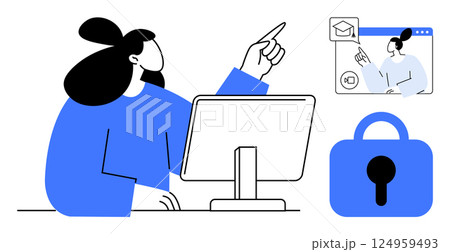Woman sitting at desk pointing at computer screen with online learning window visible. Secure connection lock icon included. Ideal for online education, e-learning, secure browsing, digital Woman sitting at desk pointing at computer screen with online learning window visible. Secure connection lock icon included. Ideal for online education, e-learning, secure browsing, digital 124959493