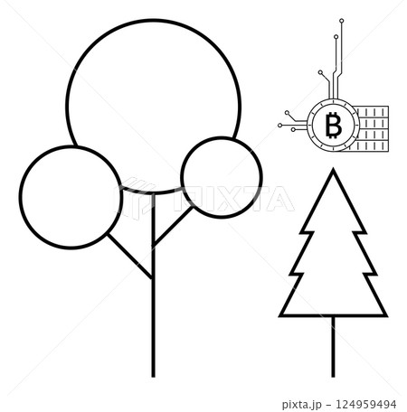 Geometric tree shapes with a digital Bitcoin symbol circuit. Ideal for technology themes, digital currency concepts, environmental balance, modern minimalist design, nature and technology interaction Geometric tree shapes with a digital Bitcoin symbol circuit. Ideal for technology themes, digital currency concepts, environmental balance, modern minimalist design, nature and technology interaction 124959494