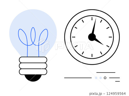 Light bulb next to analog clock with minimal design suggesting innovation, time efficiency, and productivity. Ideal for business strategy, brainstorming sessions, project planning, time management 124959564