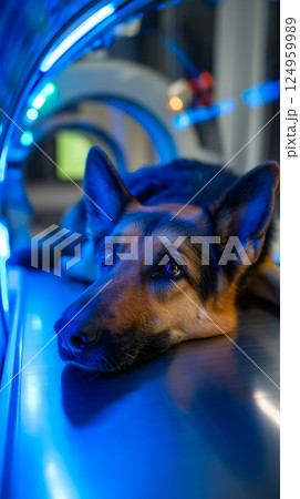 German Shepherd dog resting patiently on the table of a modern MRI or CT scanner German Shepherd dog resting patiently on the table of a modern MRI or CT scanner 124959989