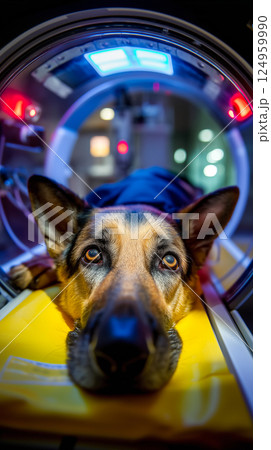 German Shepherd dog resting patiently on the table of a modern MRI or CT scanner 124959990