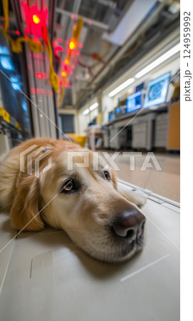 Golden Retriever calmly lies in X-ray machine in the Sophisticated medical scanning machine 124959992