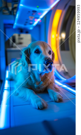 Golden Retriever calmly lies in X-ray machine in the Sophisticated medical scanning machine 124959993