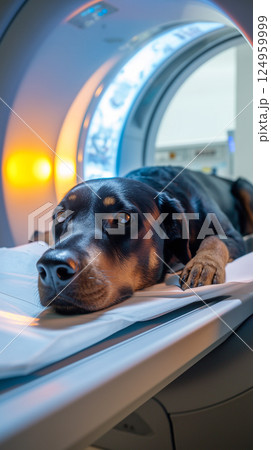 Rottweiler calmly lies in X-ray machine in the Sophisticated medical scanning machine Rottweiler calmly lies in X-ray machine in the Sophisticated medical scanning machine 124959999