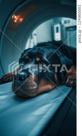 Rottweiler calmly lies in X-ray machine in the Sophisticated medical scanning machine Rottweiler calmly lies in X-ray machine in the Sophisticated medical scanning machine 124960001