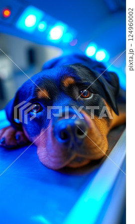 Rottweiler calmly lies in X-ray machine in the Sophisticated medical scanning machine 124960002