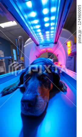 Rottweiler calmly lies in X-ray machine in the Sophisticated medical scanning machine Rottweiler calmly lies in X-ray machine in the Sophisticated medical scanning machine 124960005