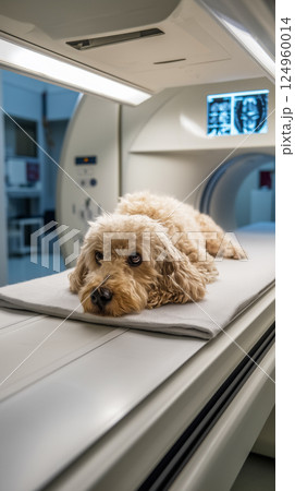 toy Poodle calmly lies in X-ray machine in the Sophisticated medical scanning machine toy Poodle calmly lies in X-ray machine in the Sophisticated medical scanning machine 124960014