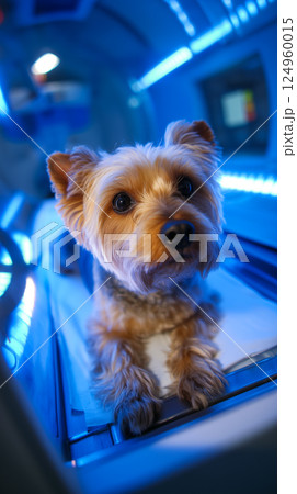 Yorkshire Terrier calmly lies in X-ray machine in the Sophisticated medical scanning machine such Yorkshire Terrier calmly lies in X-ray machine in the Sophisticated medical scanning machine such 124960015