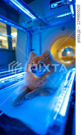 Pomeranian calmly lies in X-ray machine in the Sophisticated medical scanning machine Pomeranian calmly lies in X-ray machine in the Sophisticated medical scanning machine 124960020