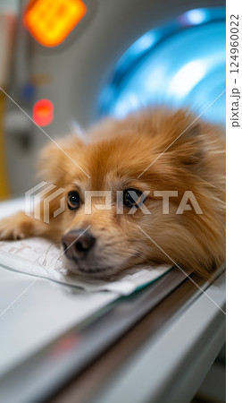 Pomeranian calmly lies in X-ray machine in the Sophisticated medical scanning machine Pomeranian calmly lies in X-ray machine in the Sophisticated medical scanning machine 124960022