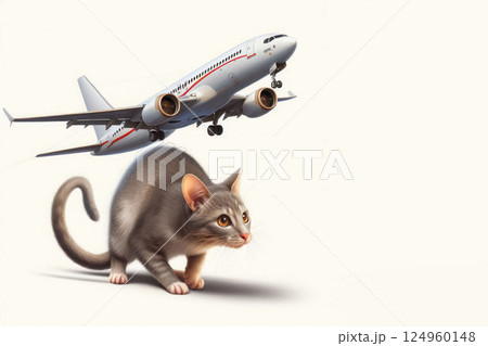 A plane flying over a cat. Space for text. A plane flying over a cat. Space for text. 124960148