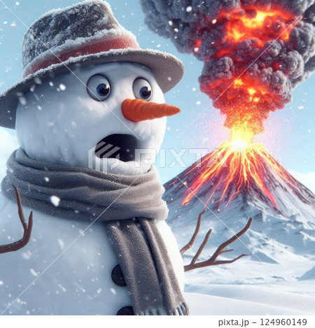 Surprised snowman in front of an erupting volcano. Surprised snowman in front of an erupting volcano. 124960149