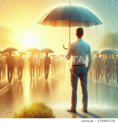 One person under an umbrella in front of a crowd in the rain. 124960184
