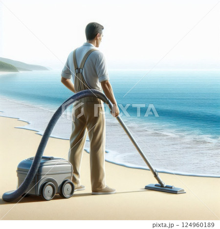 Man vacuuming sand on the seashore. 124960189