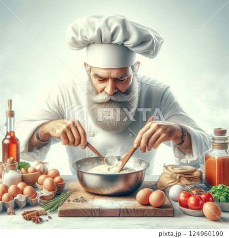 An elderly chef prepares dough in the kitchen. 124960190