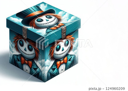 A box with a scary cartoon face, a top hat and an orange bow. Space for text. 124960209