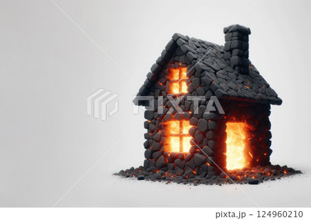 A house made of volcanic stones, shining with fire from within. Space for text. A house made of volcanic stones, shining with fire from within. Space for text. 124960210