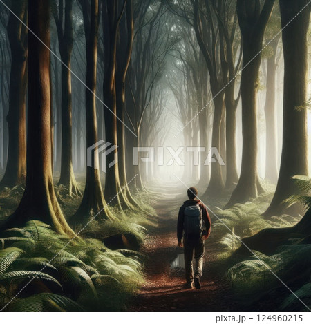 A lonely traveler in a dense forest in the morning fog. A lonely traveler in a dense forest in the morning fog. 124960215