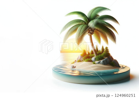A miniature island with a palm tree and a sunset in a transparent stand. Space for text. A miniature island with a palm tree and a sunset in a transparent stand. Space for text. 124960251