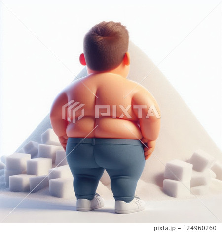 A fat boy stands in front of a mountain of sugar. Space for text. A fat boy stands in front of a mountain of sugar. Space for text. 124960260
