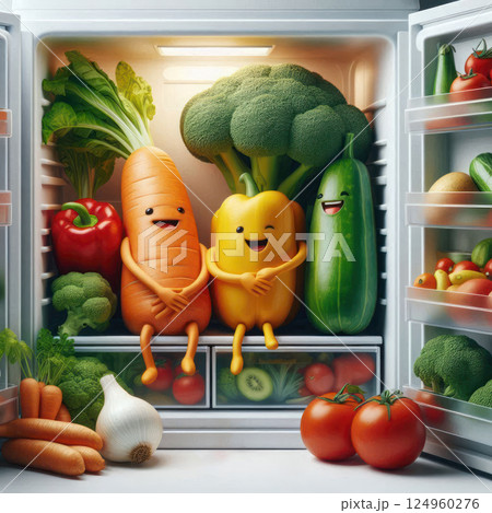 Vegetables with smiles in the fridge. Vegetables with smiles in the fridge. 124960276