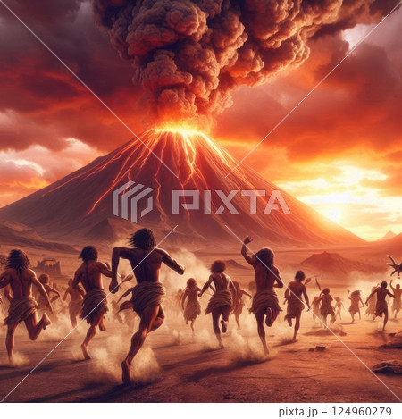People run near an erupting volcano against the backdrop of a sunset. People run near an erupting volcano against the backdrop of a sunset. 124960279