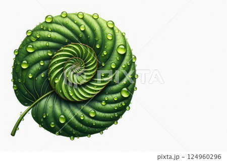 Spiral sheet with water droplets. Space for text. 124960296