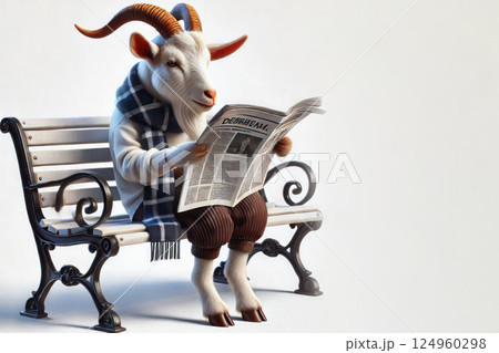 A goat in a scarf reads a newspaper on a bench. Space for text. 124960298
